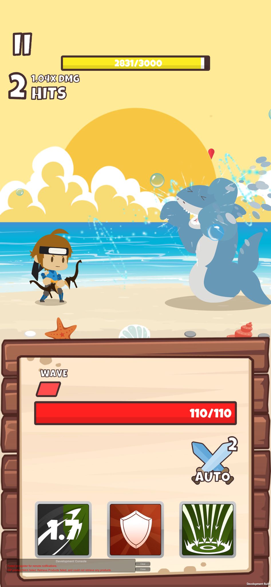 Little One hero battling a giant shark boss on a beach