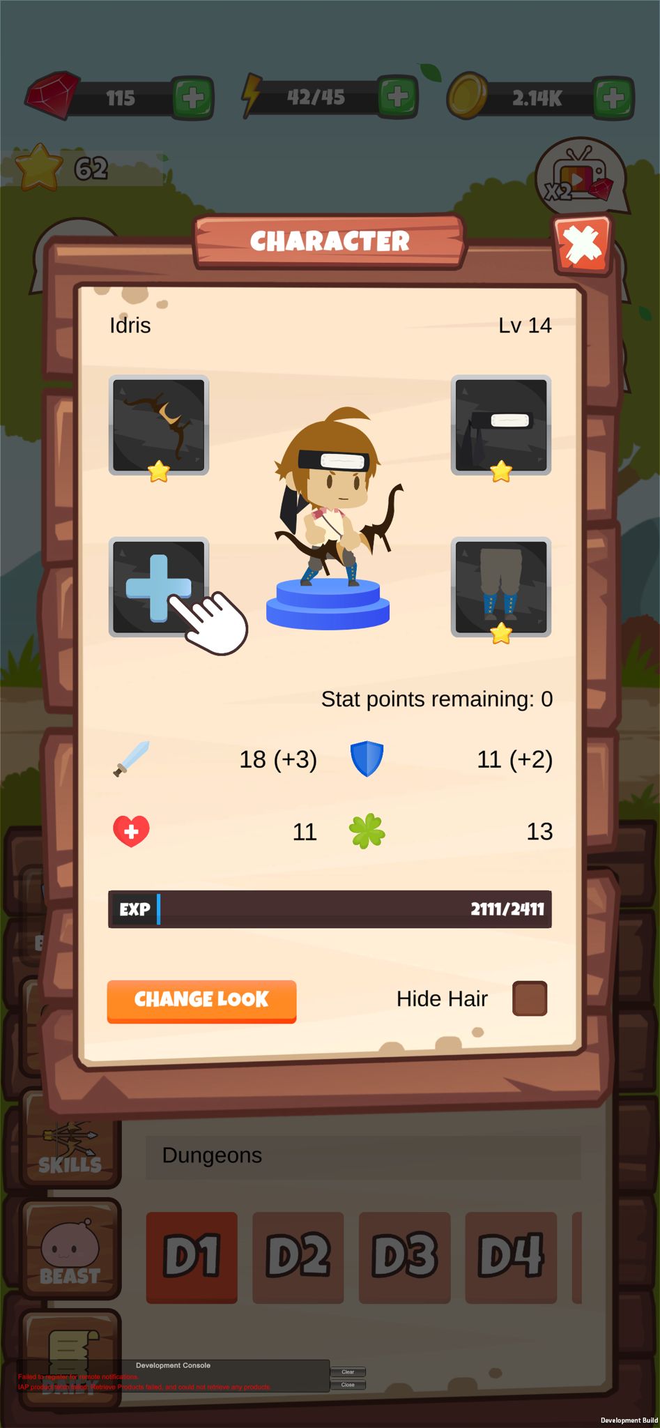 Little One character equipment and stats